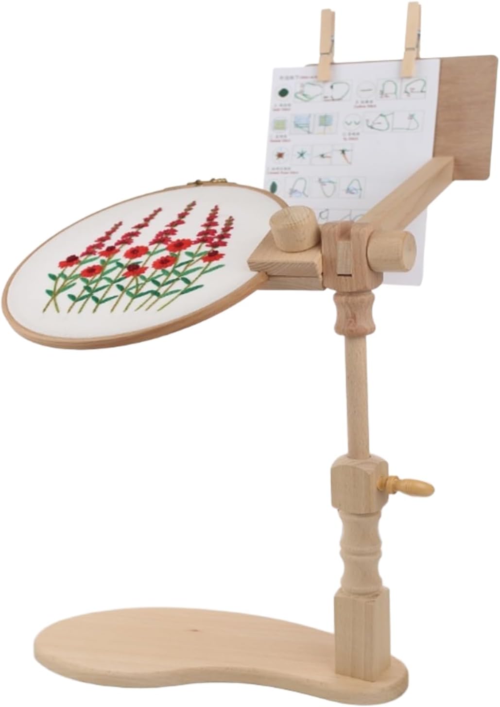 Beech Wood Embroidery Hoop Stand, Adjustable 360° Rotate Cross Stitch Needlepoint Stand Wooden Sitting Embroidery Hoop Frame