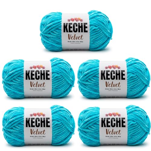 Image of Keche Velvet Yarn for Crocheting, Soft Chenille Bulky Baby Blanket Amigurumi Yarn 100 gr (132 yds) (Turquoise, 5 SKEINS)