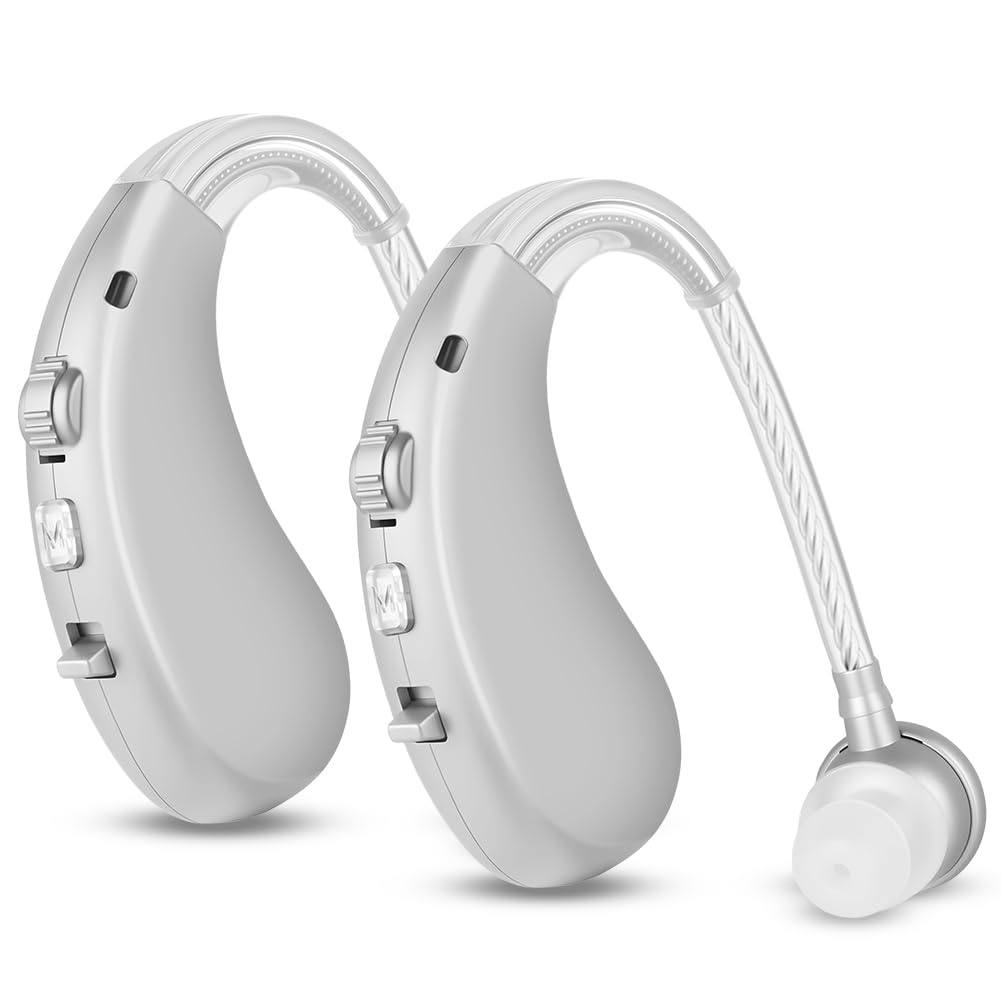 Aolso Amplificador de Ruido, Amplificador de Sonido Recargable, Cancelación de Ruido, Retroauricular, Uso Sencillo, Ajuste Ergonómico, Plata(1 par)