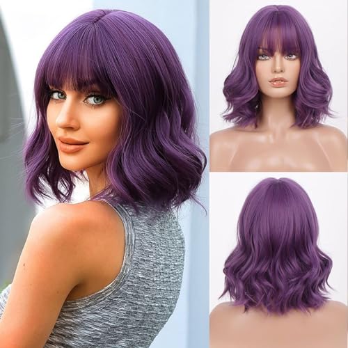 EMMOR Short Curly Wigs with Fringe, Wavy Bob Wigs for Women Heat Resistant Synthetic Wigs Shoulder Length Wigs Natural Looking(Dark Purple)