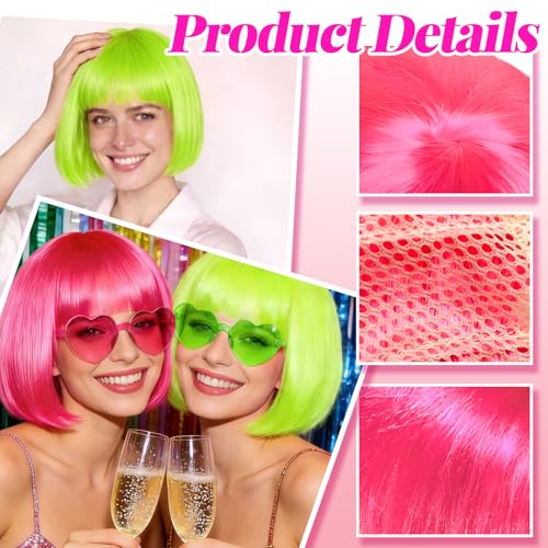 Image of DAJOOEE 2 Pack Party Wigs Wig Cap and Sunglass Set,Short Bob Hair Wigs Straight with Flat Bangs Synthetic Colorful Cosplay Daily Party Neon Wig for Women (Pink Green)