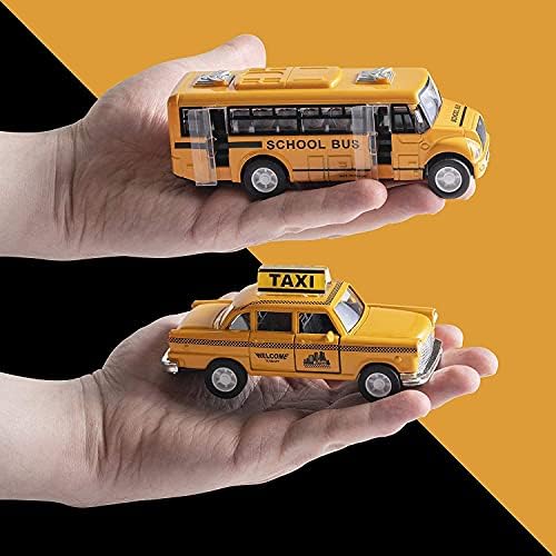 Top Race Metal Diecast School Bus and Taxi Pull Back Battery Powered with Lights and Sound 1:32 Scale Set of 2