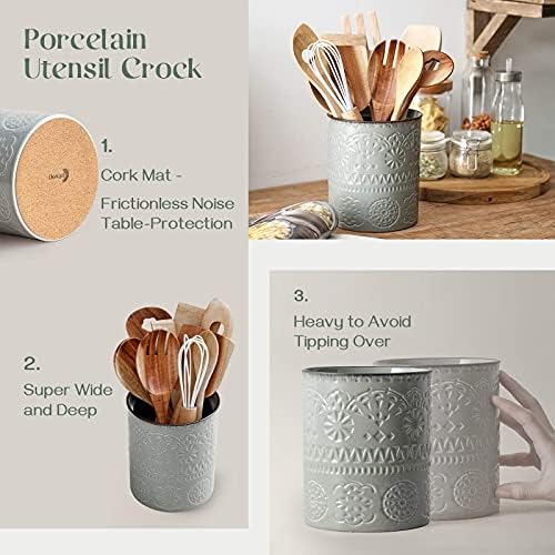 DOWAN Kitchen Utensil Holder, 6.2 Utensil Holders for Countertop, Heavy Ceramic Utensil Crock, Anti Slip & Scratch Cork Bottom,Utensil Crock for Home Décor | Gray