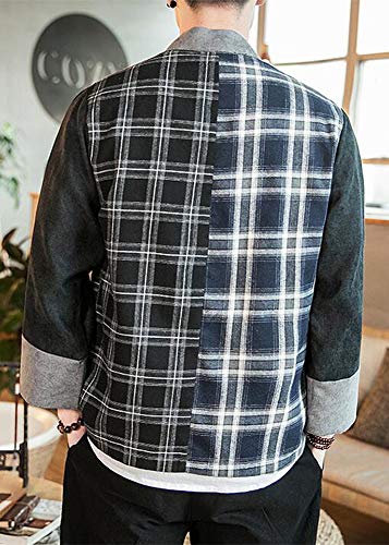 Hotmiss Mens Kimono Hipster Plaid Patchwork Linen Cloak Open Front Cardigan Jackets (Black Plaid, X-Large) - Thumbnail 5