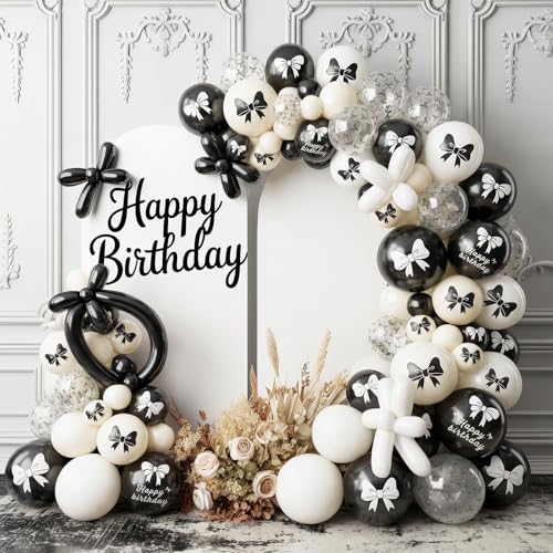Image of Black Bow Balloons, 60PCS Double Stuffed Pearl White Balloons, 12 Inch Black White Bow Printed Balloon with Ribbon for Girls Women Birthday Bridal Baby Shower Wedding Bachelorette Party Decorations
