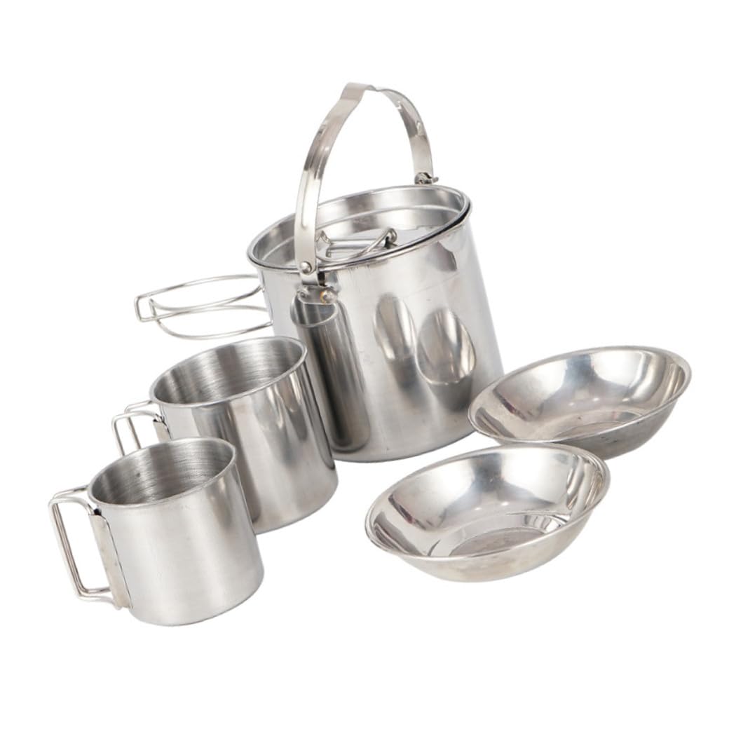 SUPVOX Ensemble De Vaisselle Camping Acier Inoxydable 5 Pièces Bol Tasse Bouilloire Portable Batterie Cuisine Randonnée Pique-niques Extérieur