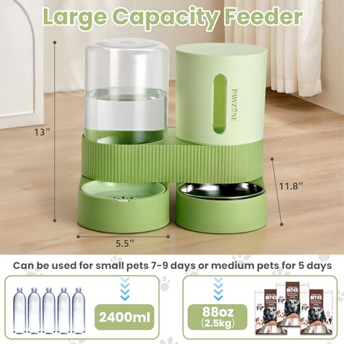 Automatic Cat Feeder Stainless Steel Water Dispenser Gravity Food Feeder and Waterer Set with Pet Food Bowl for Small Medium Kitten Puppy Pets Large Capacity(Green) - Image 3