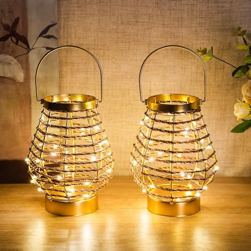 TRIROCKS Lámpara de mesa de metal inalámbrica de 19,5 cm de alto, juego de 2 faroles LED en jaula con batería y temporizador de 6 horas, luces decorativas vintage para interiores y exteriores