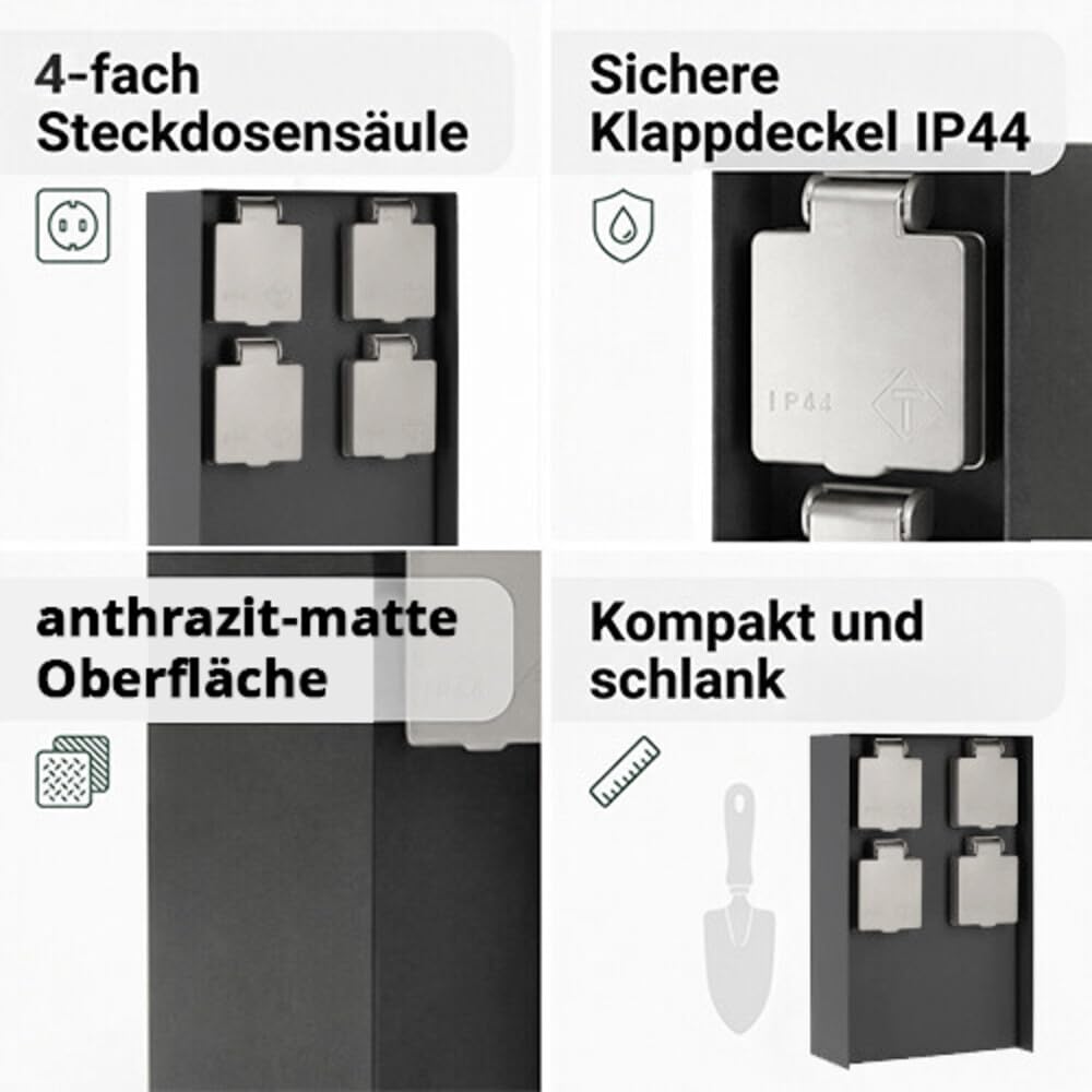LED Universum Gartensteckdose 4-fach, Steckdosensäule aus Edelstahl, anthrazit, IP44 spritzwassergeschützt, 3680 W Gesamtleistung, kompakt 70 x 143 x 230 mm, Federklappdeckel für außen