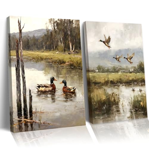 Image of Frimeeme 2 Pcs Vintage Mallard Duck Canvas Wall Art, 12x16 Inches