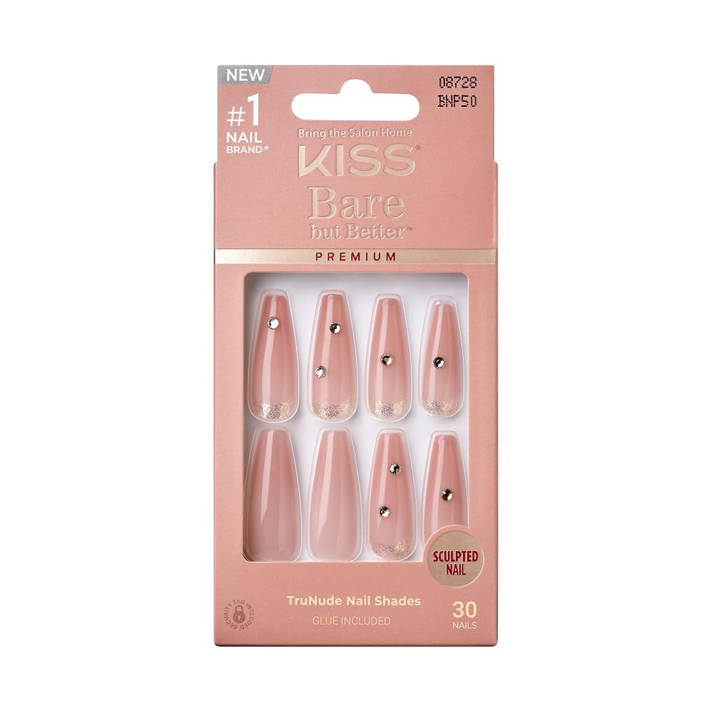KISS False Nails Kit, Bare but Better Ready to Wear Sculpted Nails, Stick and Glue Included, X-Long, Coffin Shape with Rhinestones, Long-Lasting