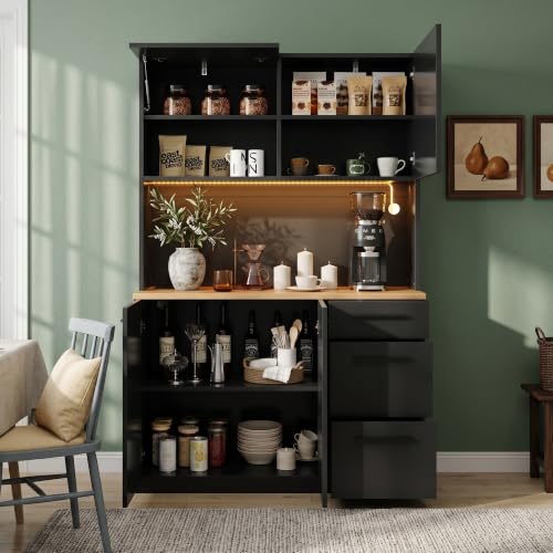 Armario alto para comedor multifuncional negro de 180cm con luces LED y USB 2