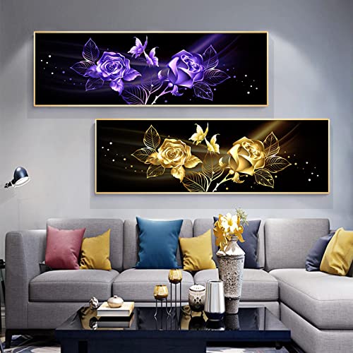 Peinture sur toile fleurs or abstraite KEBIA pour sublimer le mur de votre grand salon moderne