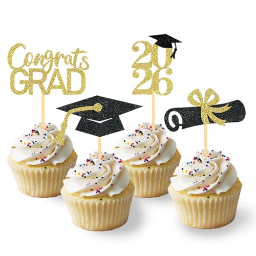 24 Stück Glitzer 2026 Graduation Cupcake Toppers Abschlussfeier Cupcake toppers Bachelor Hut Deko Abschluss Deko für Graduation Abschlussparty Dekoration (schwarz & gold 1)
