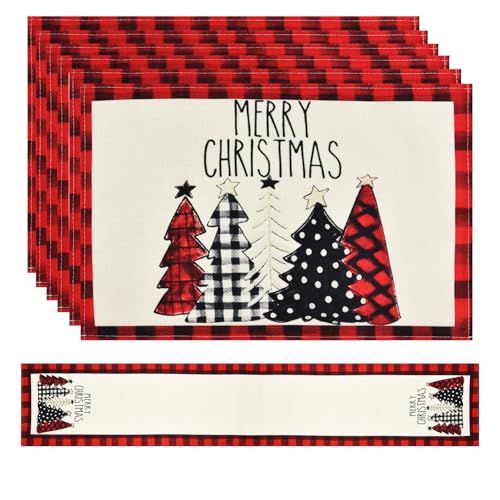 VITEVER 7er-Set Tischläufer und Tischsets mit rotem Kiefernmotiv...