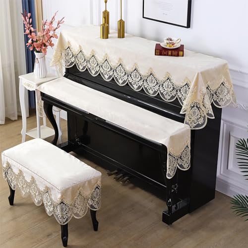 ピアノトップカバー アップライト 電子ピアノカバー レース柄/刺繍・上品/エレガント/精巧・洗練されたデザイン/防塵カバー ピアノカバー ベロア (鍵盤カバー, ベージュ)
