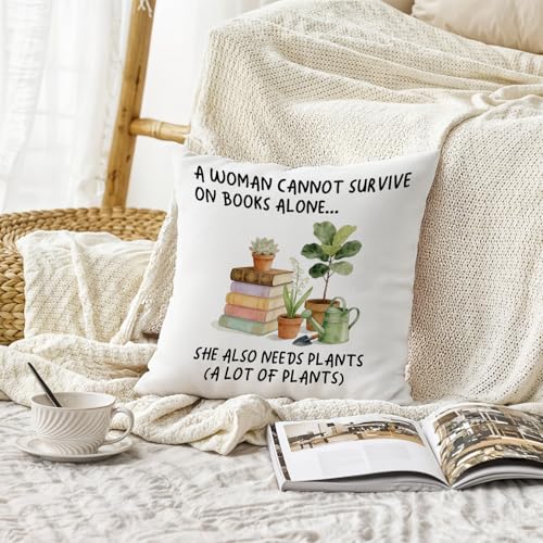 Image of Books and Plant Lover Pillow Covers for Women, Plant Mom Lady Gardening Gifts Reading Pillow for Bed, Book Reader Bookish Bookworm Librarian Gifts 18x18