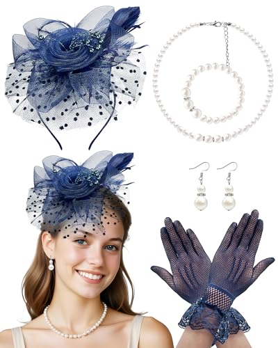 Fascinator Hat for Women Tea Party Hats Mesh Veil Headband Tea Party Headpiece and Lace Glove Set for Women
