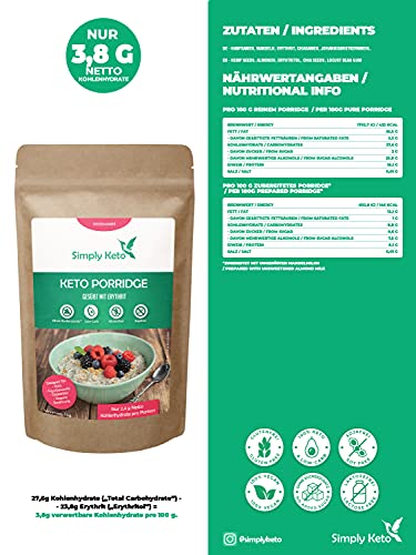 Simply Keto Porridge ohne Zuckerzusatz - 95% weniger Kohlenhydrate - Ohne Haferflocken - Geeignet für Lower Carb* Frühstück & Ketogene Ernährung - Paleo, Vegan & Glutenfrei - (260g)