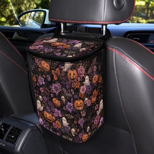 Image of Talayituse Ghost Pumpkin Skull Flower Print Car Trash Can with Lid, Leak Proof Auto Trash Bag Hanging Vehicle Garbage Can Multipurpose Storage Container for Back Seat Road Trip Halloween Decor