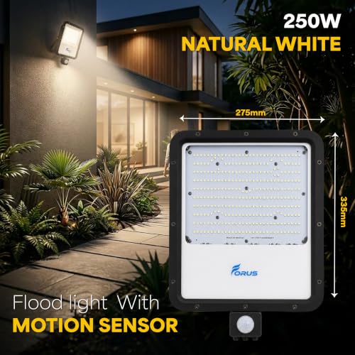 Image of Forus 250W LED Flood Light Natural White with Motion Sensor Auto On Off Day Night Mode Waterproof Outdoor Light for Garden Parking Factory Warehouse Shop High Bright Floodlight 4Yr Warranty -1Pc