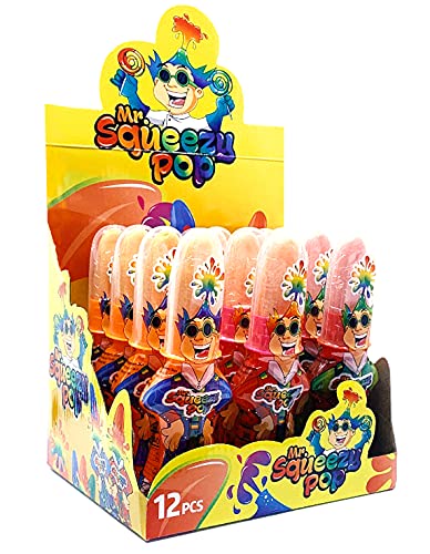 Happiness Usa 12 Pieces Mr. Squeezy Pop Squeeze N Lick Sour Candy - Strawberry, Apple, And Blue Raspberry Flavors - Kosher - Non Artificial Colors Or Flavors - Suckers And Lollipops #TOP5