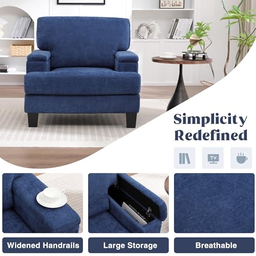 Image of Accent Chair Set of 2 with Storage Armrest, Modern Upholstered Reading Living Room Chairs, Comfy Large Armchair, Fabric Single Sofa Chair for Bedroom (Blue)