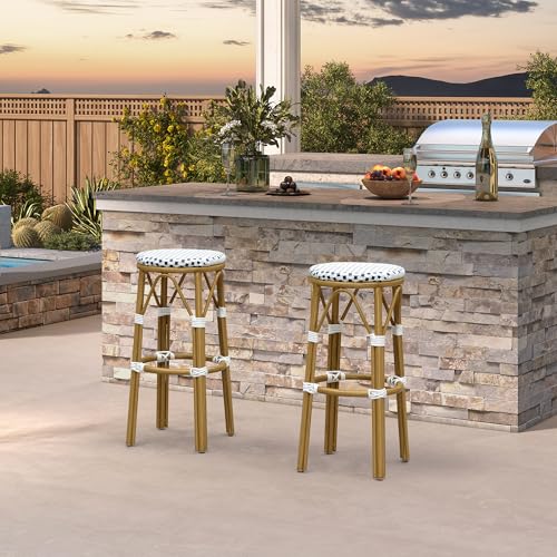 Image of PURPLE LEAF Outdoor Round Bar Height Stool Set of 2 Patio Backless Barstools Aluminum Frame in Bamboo Finish with White & Blue Woven Rattan for Indoor Kitchen Dining Bistros Cafe Restaurant