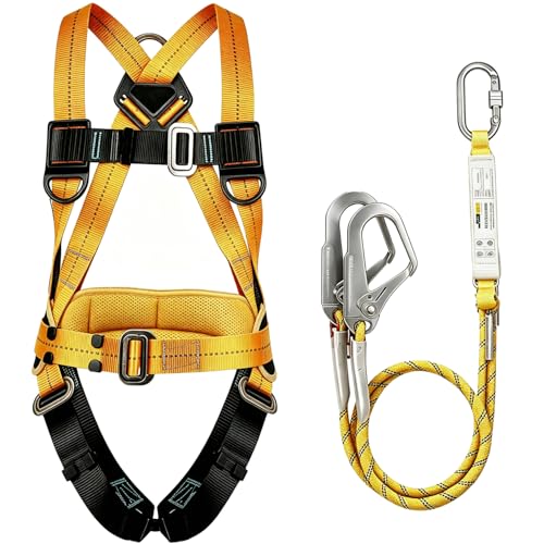 BWISUP Safety Harness Kits with Lanyard Full Body Fall Safety Arrest Protection Kit With 2 Hook and 2 2m Lanyards Adjustable Waist Belt for Aerial Work Climbing Harness Load-Bearing 100KG/220lb