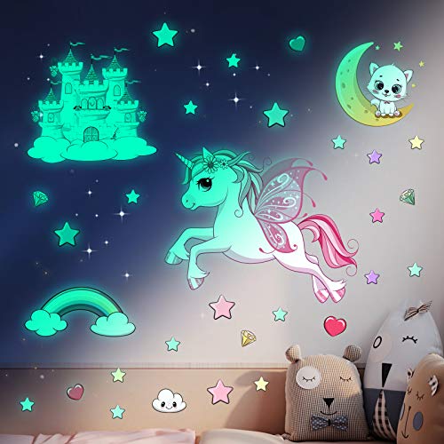 Unicorn Wall Stickers Glow in The Dark Stars Stickers for Ceiling, Cute Glowing Moon Luminous Star Castle Cat Decals Sticker for Girls Bedroom Living Room Decorations