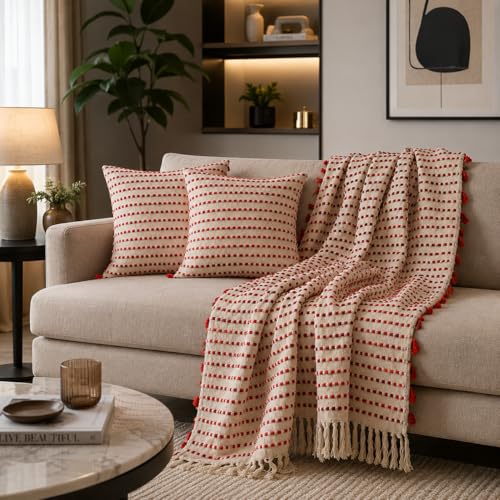 Image of Handwoven Ruby Stripe Sofa Throw (50x70 Inches) with 2 Pcs Cushion Cover(16x16 Inch) Soft Lightweight Thrower for Couch, Living Room & Bed (Pack of 3)