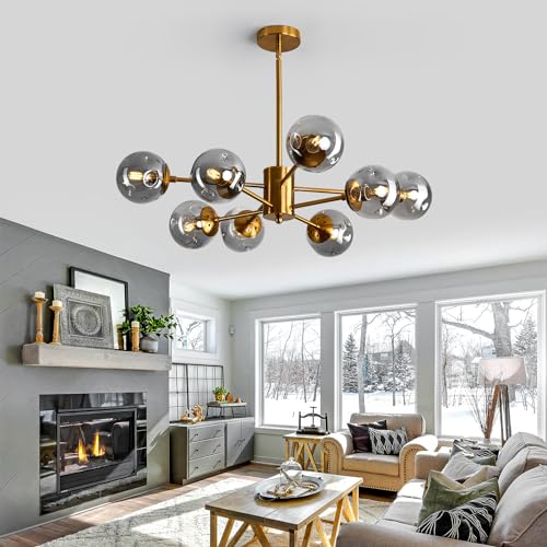 Image of 8 Light Chandelier Mid Century Glass Globe Sputnik Pendant Light Fixture Gold Ceiling Light for Living Room Kitchen Dining Room Bedroom Farmhouse.