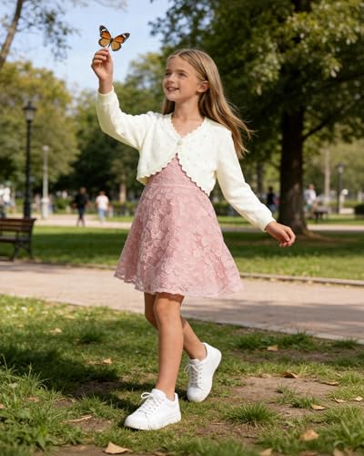 Image of Girls Cardigan, Girls Bolero Shrug Sweater, Kids Knit Hollow Out Long Sleeve, Button Cover Up Cropped Tops