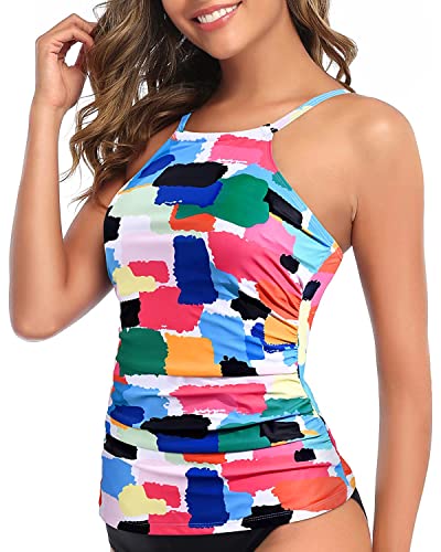 Image of Tempt Me Women Tankini Top Only High Neck Bathing Suit Top Tummy Control Swimsuit Top Ruched Swim Top Without Bottom