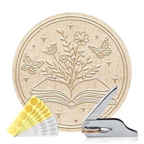 ANATTASOUL Prägestempel Personalisiert WildBlumen nbuch Book Embosser Buchpräger mit Robustem Stahlgehäuse Buchstempel für Bücher Visitenkarten Einladungskarte(100 Stück Goldfolienaufkleber)