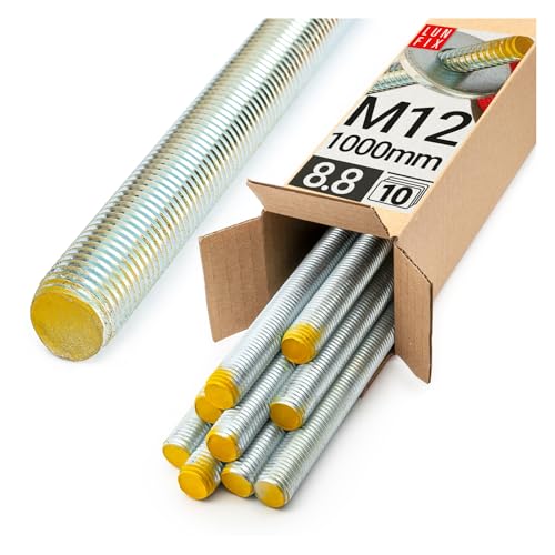 Lun Fix Tige filetée | M12 x 1000 mm | Lot de 10 | Acier galvanisé 8.8 | DIN 976 | Filetage...