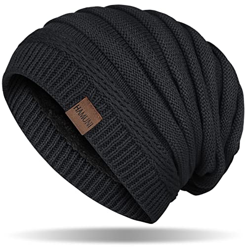 HAMUNI Mütze Damen, Atmungsaktiv Strickmütze Herren, Warme Wintermütze Damen, Street Style Slouch Beanie Mütze Herren, Klassische Unisex Winter Mütze mit Weichem Bequemem Fleece Innenfutter Cover
