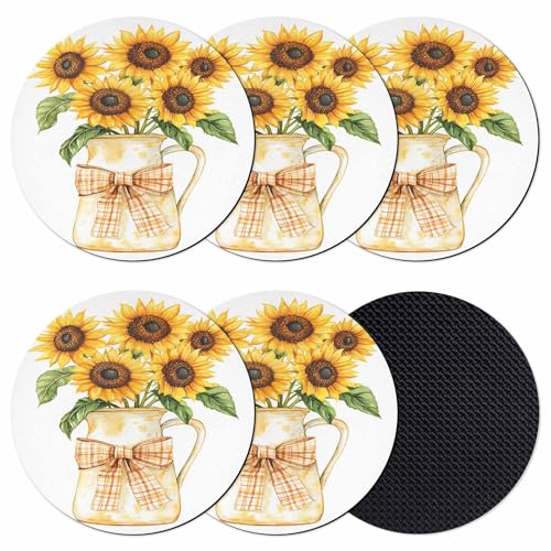Coasters Set of 6, Sunflower Round Drink Coasters for Coffee Table Decor, Seasonal Yellow Botanical Blooms Bow Plaid Absorbent Cup Coaster for Housewarming Gift/Home Décor, 4 Inches