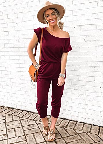 Image of PRETTYGARDEN Jumpsuits for Women Summer Off Shoulder Romper | Short Sleeve Drawstring Waist, Jogger Jumpers with Pockets, One Piece Spring Break Outfits, Vacation Travel Lounge Clothes
