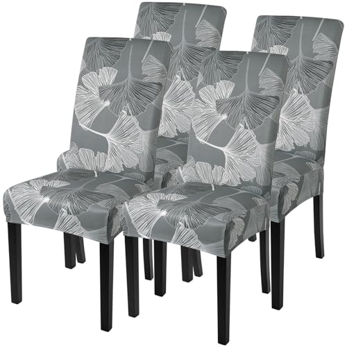 Image of SearchI Printed Dining Room Chair Covers Set of 4, Stretch Kitchen Chair Covers Washable Parsons Chair Slipcover Removable Dining Chair Protectors for Hotel,Ceremony(Ginkgo Leaf Pattern)
