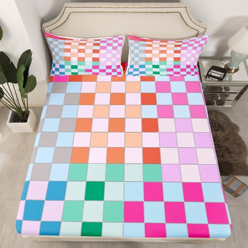 Image of Colorful Buffalo Plaid Bed Sheets King Geometric Grid Checkered Sheet Set Rainbow Ombre Checkerboard Bedding for Kids Boys Girls Women,Groovy Aesthetic 1 Fitted Sheet 1 Flat Sheet 1 Pillow Case