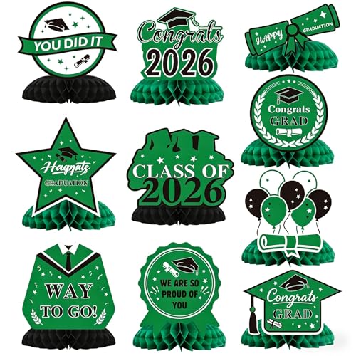 Image of Graduation Party Decorations Class of 2026, 10PCS Graduation Centerpieces for Table, Congrats Grad Table Centerpiece Congratulate Graduation Honeycomb Table Toppers for Graduation Party Supplies Green