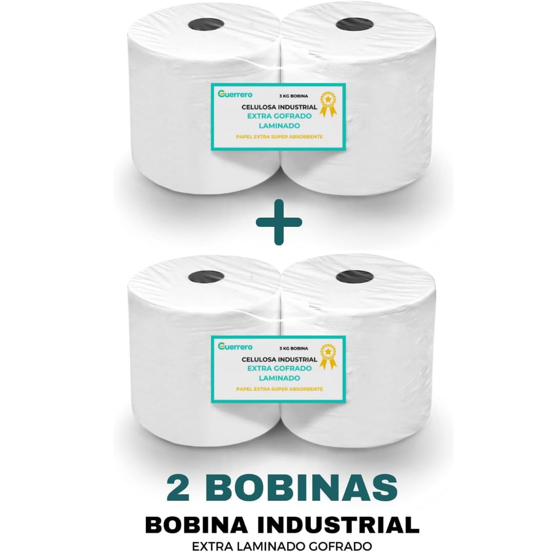 Papel Industrial Secamanos - Rollo Bobina 3kg Profesional - Pack 4 Bobinas Pasta Celulosa Toalla Mecha Desechables - Acabado Laminado para Limpieza en Taller, Cocina (4 BOBINAS, 4 BOBINAS)