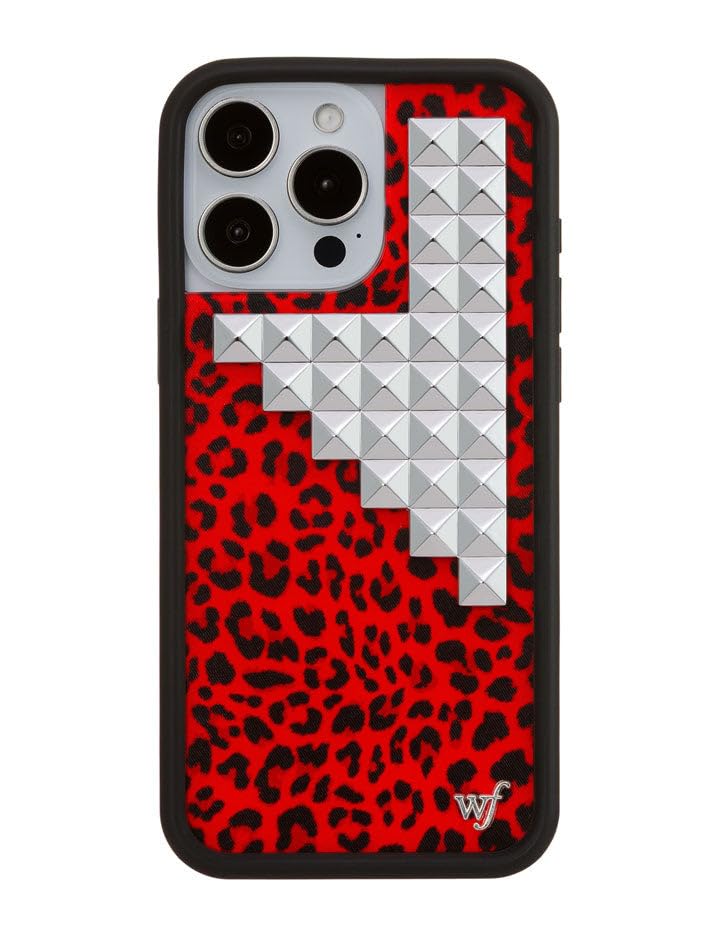 Image of Wildflower Cases - Compatible with iPhone 16 Pro Max | Protective Black Bumper, 6.5ft Drop Test Certified, Women Owned Small Business | Red Leopard Original Silver | Stud Pyramid Collection - Red Meow