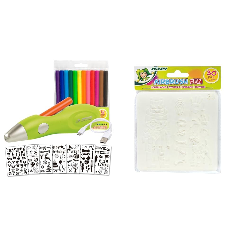 JOLLY Airbrush Fun | Farben sprühen für Kinder | Ungiftig (Airbrush), 20-teiliges Set, grün & 4446-0003 Airbrush Schablone, Kunststoff, Transparent, 30 Stück
