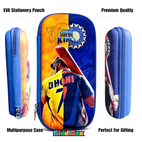 Image of KiddiBox Dhoni Pencil Box for Girls and Boys | Stylish Pencil Case for School, Student, Pen Case Holder with Zipper Mesh Pocket, Hard Top Pencil Pouch for Kids, Stationary Pouch (Yellow & Blue)