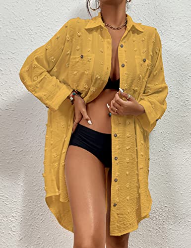 Image of Bsubsach Button Down Swimsuit for Women Sweatshirt Dress with Ruffled Sleeves Beach Shirt