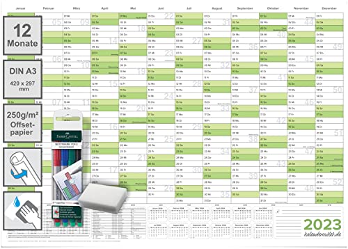 Calendrier mural 2023 effaçable - Vert - Format : 42,0 x 29,7 cm - Format A3 avec 4 marqueurs - GerolLT - Planning mural, calendrier annuel, poster corrigable - En allemand Cover