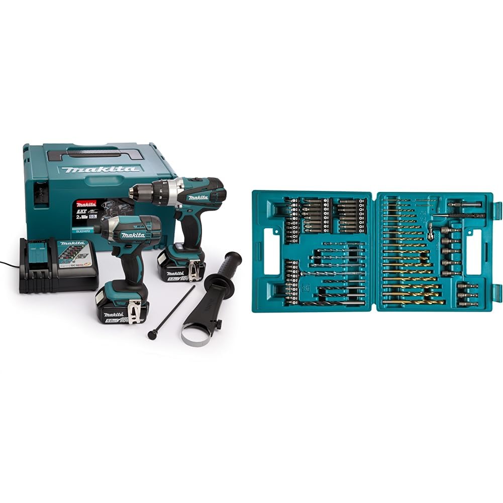 MakitaDLX2145TJ 18V Li-ion LXT 2 Piece Combo Kit comprising DHP458Z and DTD152Z Complete with 2 x 5.0 Ah & B-49373 Drill and Screw Bit, 18 V, Blue, Set of 75 Piece