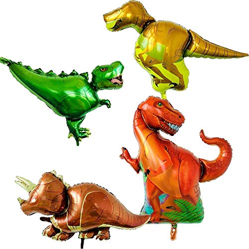 Set of 4 dinosaur balloons - Triceratops t-rex raptor allosaurus - Inflatable party supplies and decorations for kids